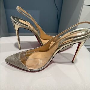 Worn Christian Louboutin Gold and Silver Slingback Pointed-Toe Heels